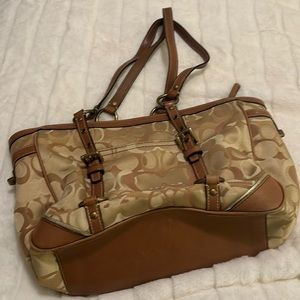 This bag is tan and brown. It has leather straps and a leather bottom